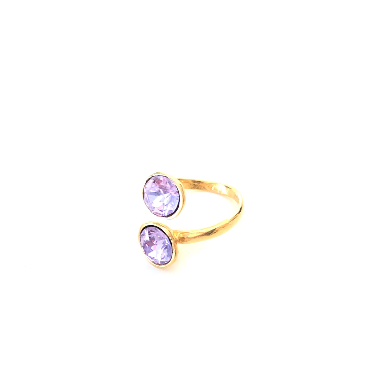 Anillo hecho a mano de Zamak con baño de oro adaptable y dos cristales de Swarovski® lilas Combínalo como quieras. Diagonal