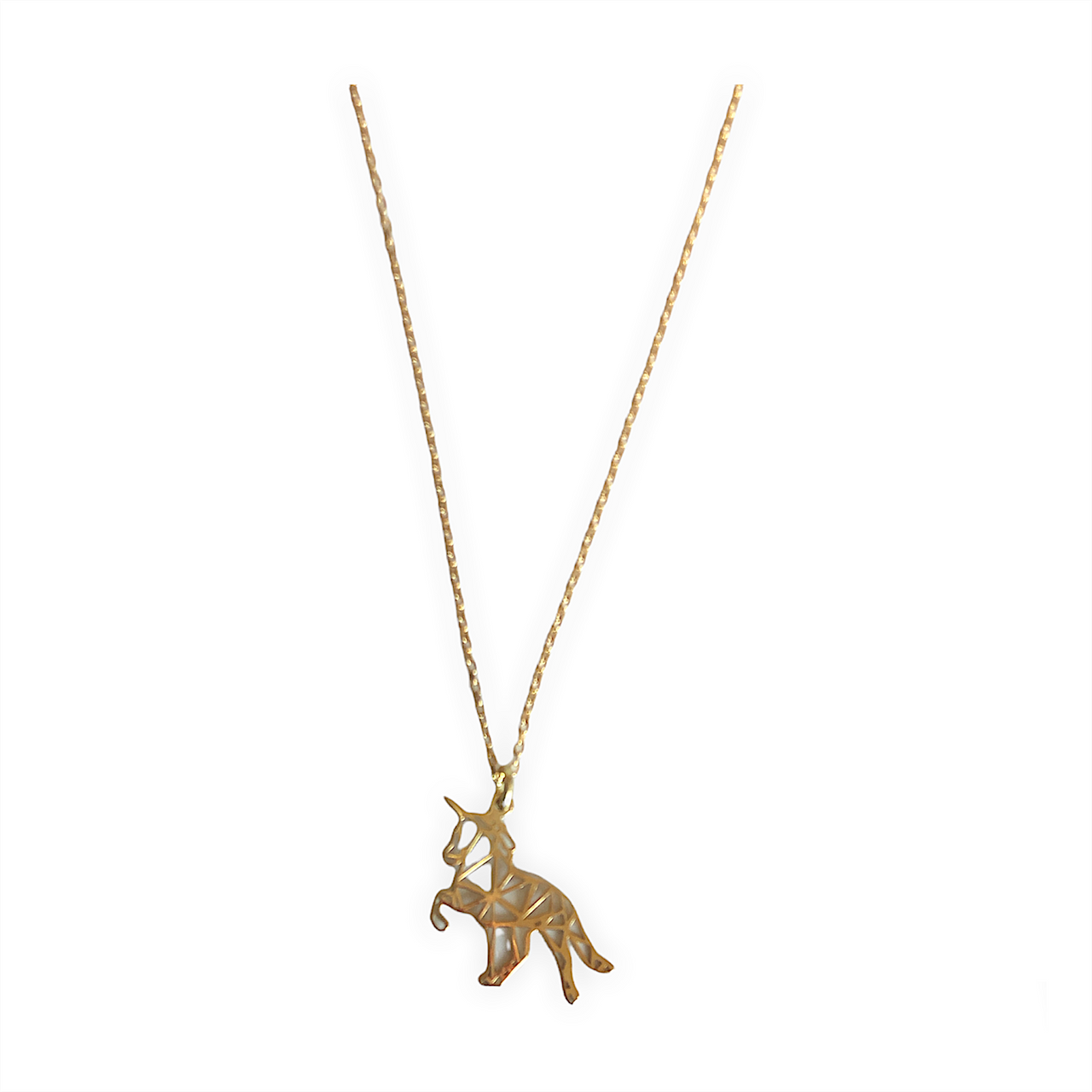 Collar extensible en plata de ley bañado en oro de 18k. Un original unicornio de origami en plata 925. Este collar es una pieza ideal para todos los amantes de los caballos.