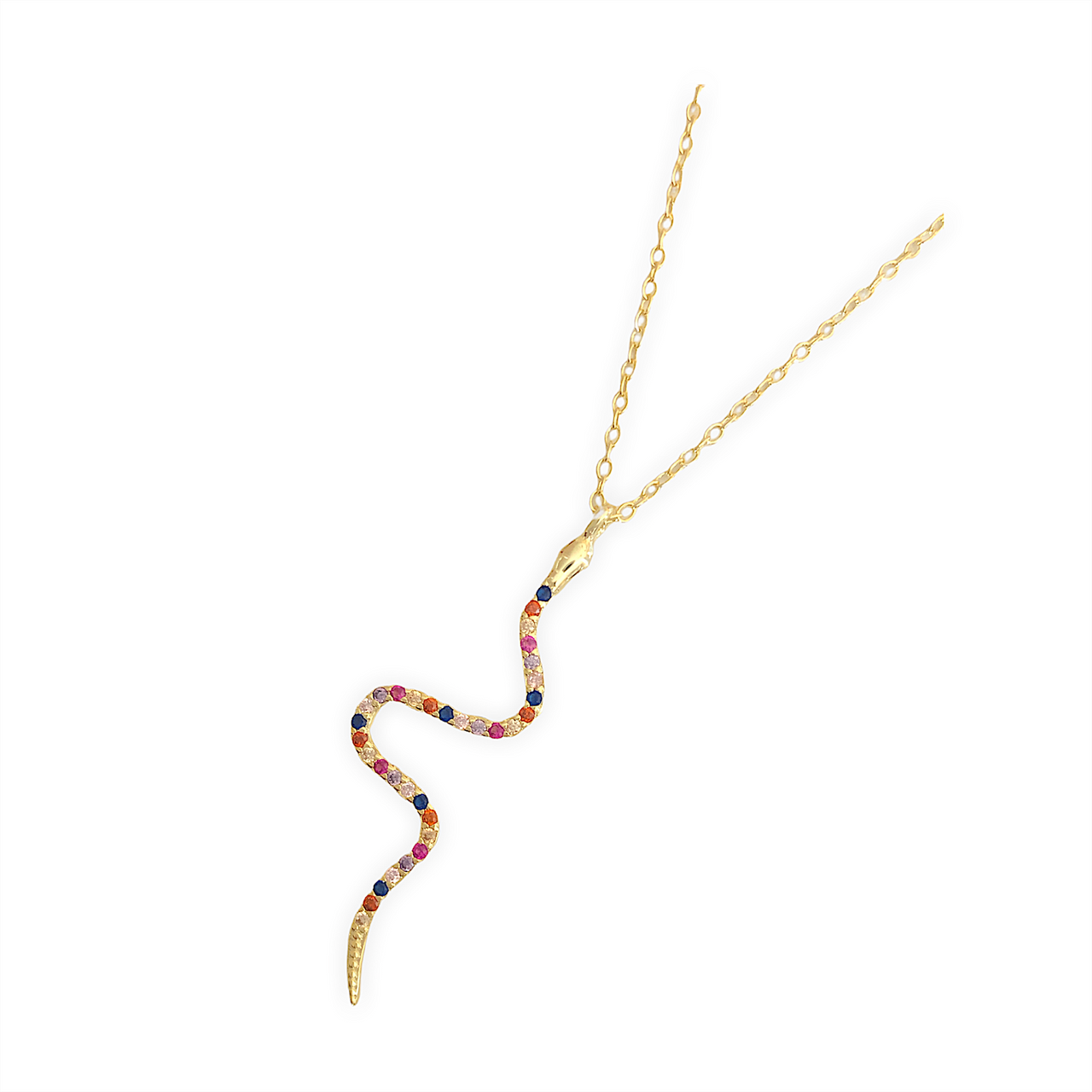 DETALLE:Collar corto con serpiente y cadena de plata de ley con baño de oro de 18k y circonitas de colores. Este collar es ideal con unos vaqueritos y un look informal.